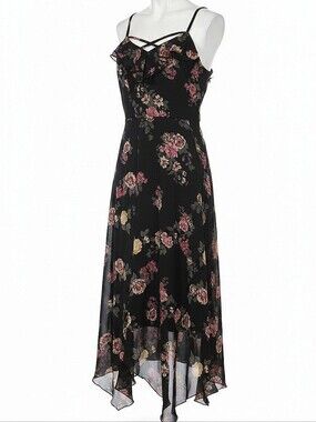 NWT! Almost Famous Black Floral Handkerchief Hem Spaghetti Strap Dress
